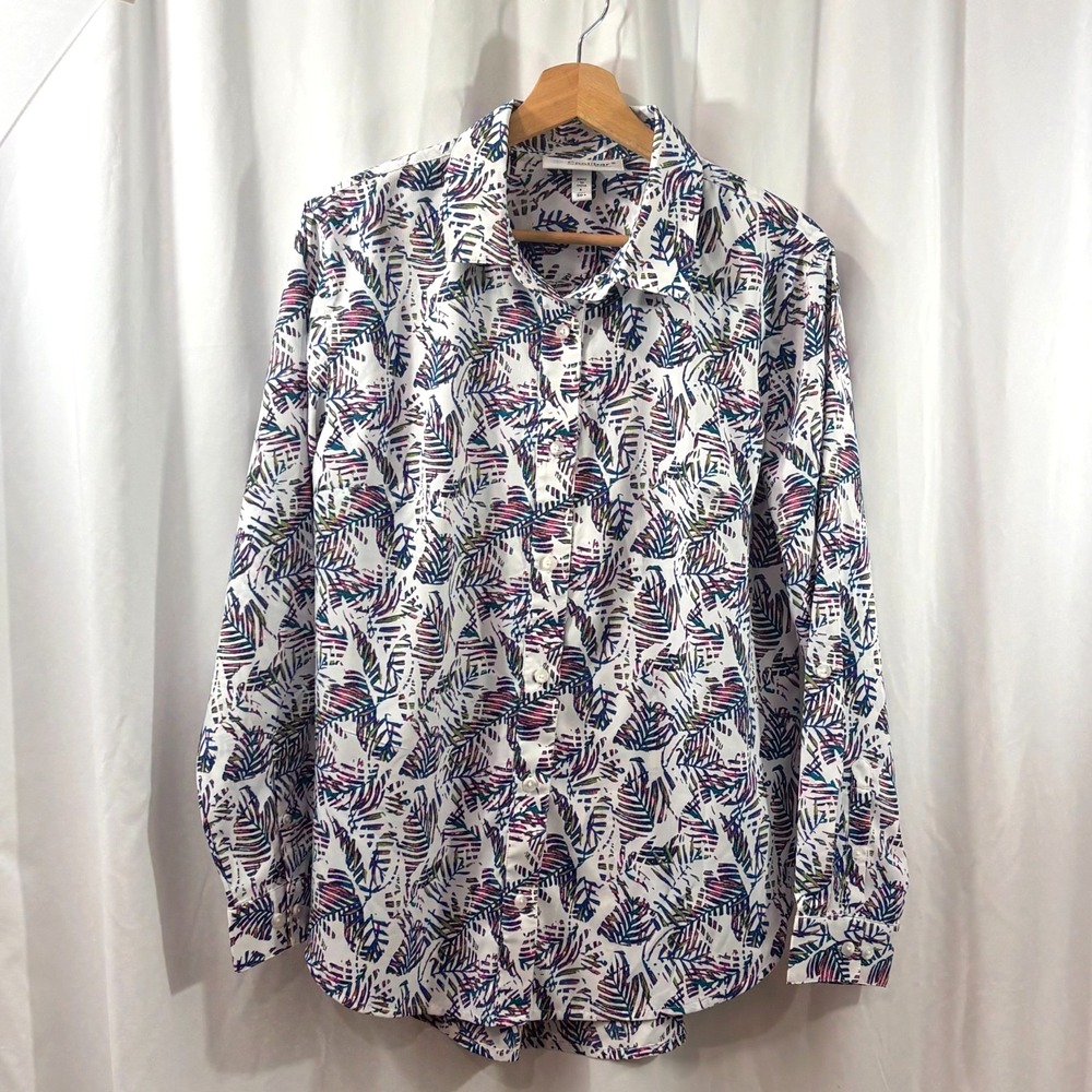 Coolibar Long Sleeve Button-Up Shirt-Size L-White Multicolor Leaf Print UPF 50+
